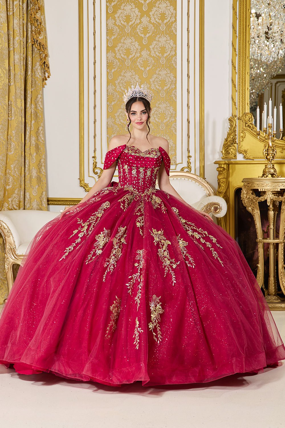 Dancing Queen 5067 - Satin Draped Off Shoulder Embellished Ballgown In Red