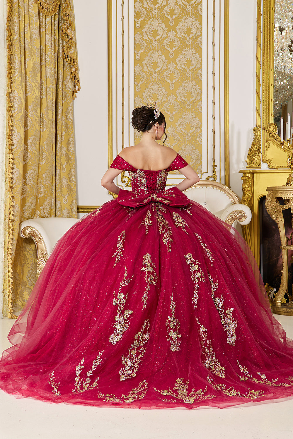Dancing Queen 5067 - Satin Draped Off Shoulder Embellished Ballgown In Red