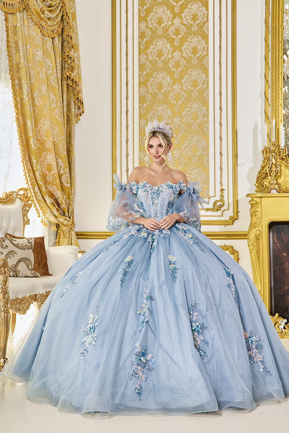 Dancing Queen 5072 - Off?Shoulder 3D Floral Ballgown In Blue