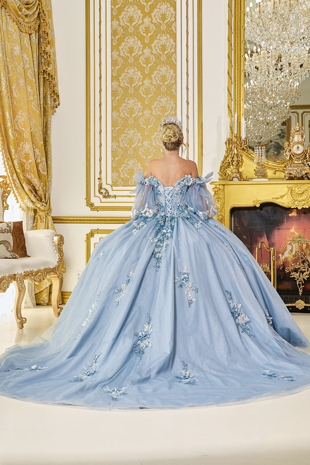 Dancing Queen 5072 - Off?Shoulder 3D Floral Ballgown In Blue