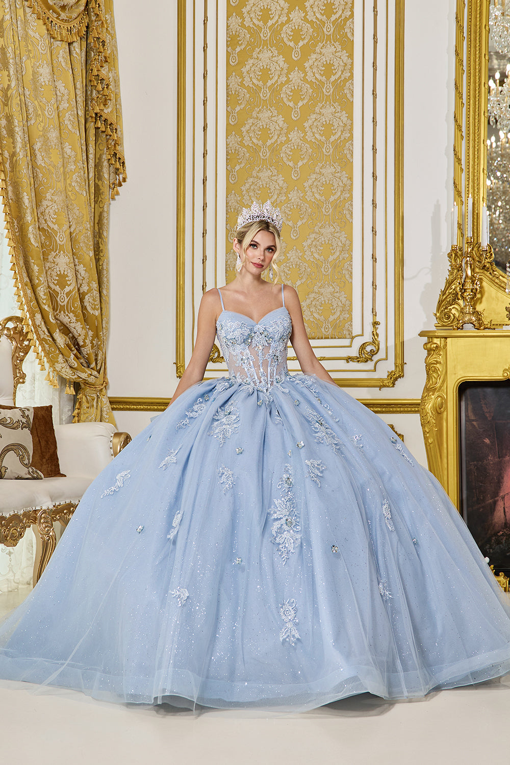 Dancing Queen 5073 - Embroidered Floral Appliques Corset Ballgown In Blue