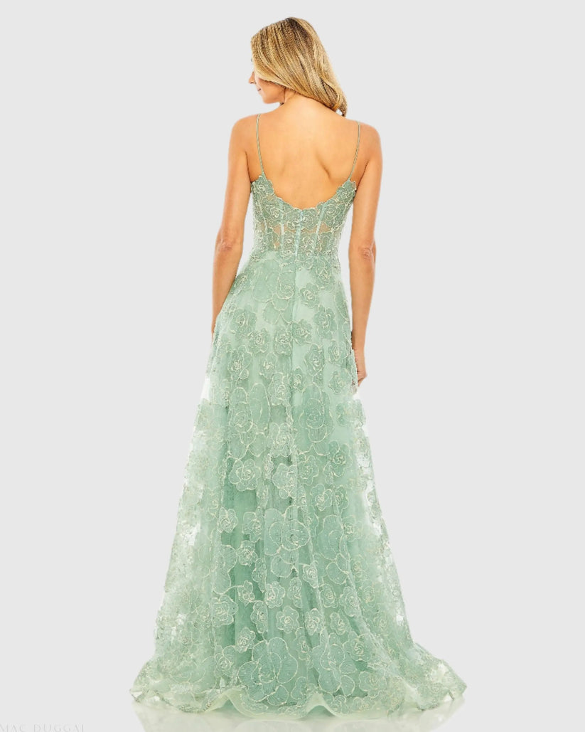 Mac Duggal 50735 - Spaghetti Strap Floral Embellished Prom Dress Prom Dresses in Green