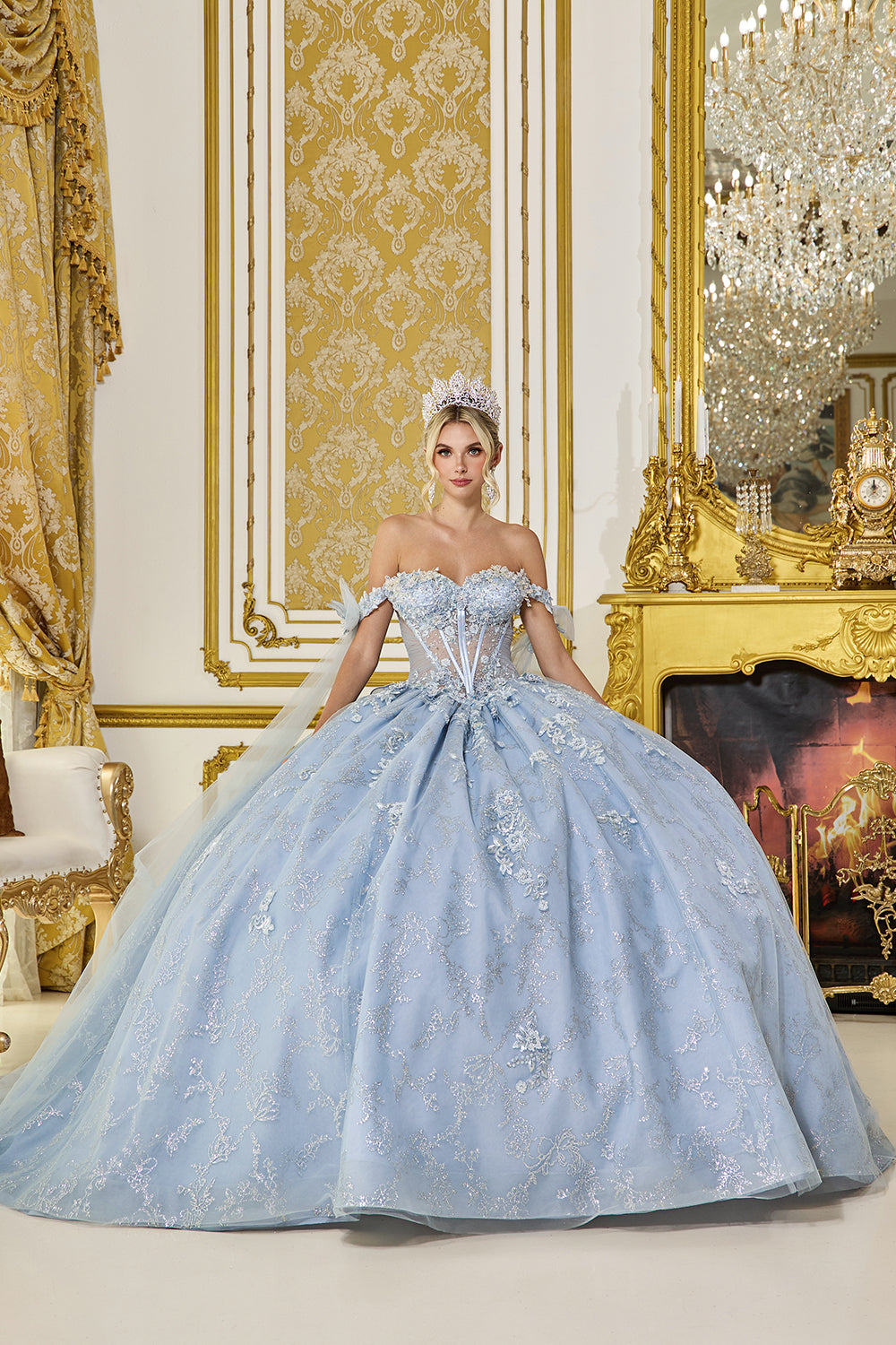 Dancing Queen 5074 - Off?Shoulder Floral Lace Glitter Ballgown In Blue