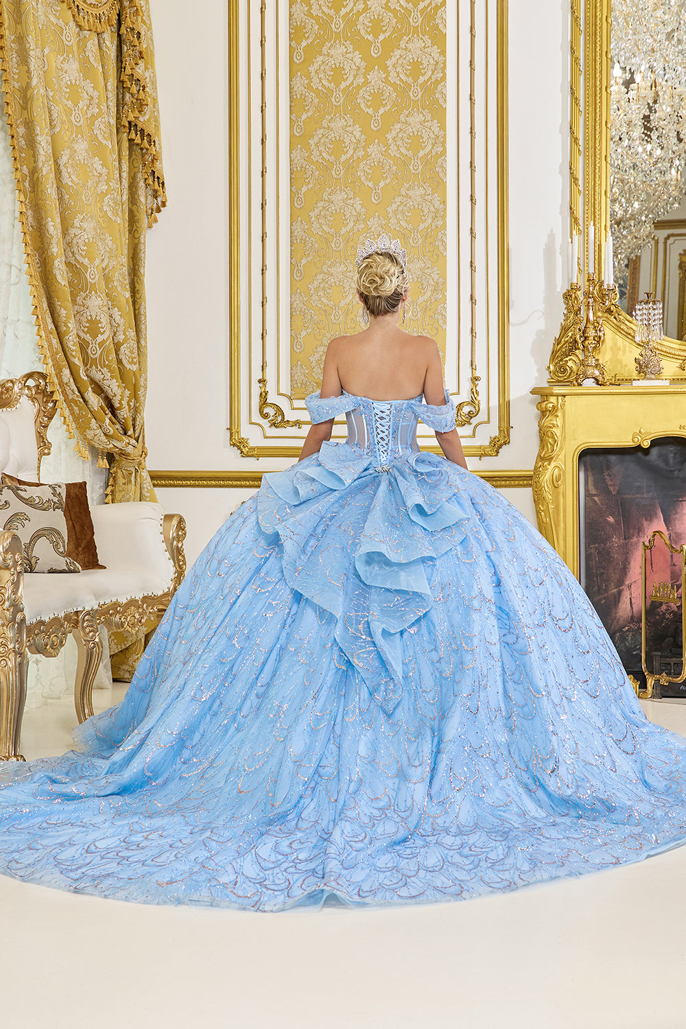 Dancing Queen 5076 - Scalloped Sequin Glitter Ballgown In Blue