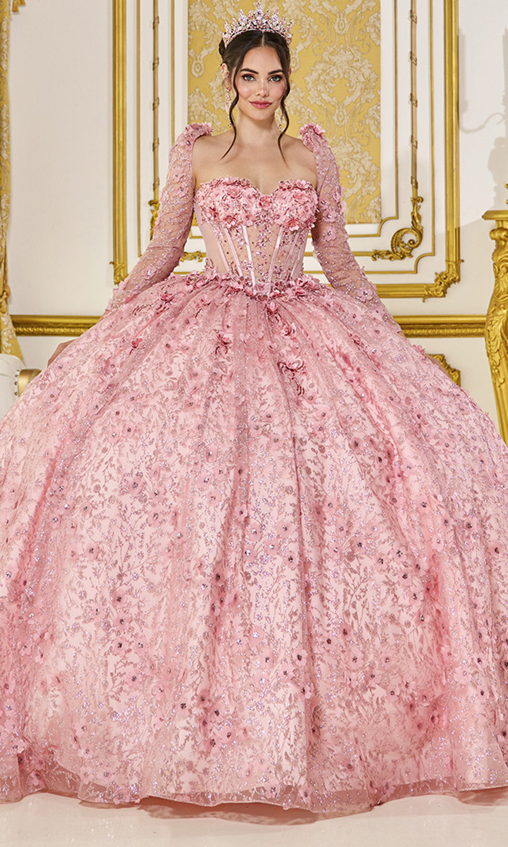 Dancing Queen 5077 - Sheer Long Sleeve Floral Ballgown Quinceanera Dresses