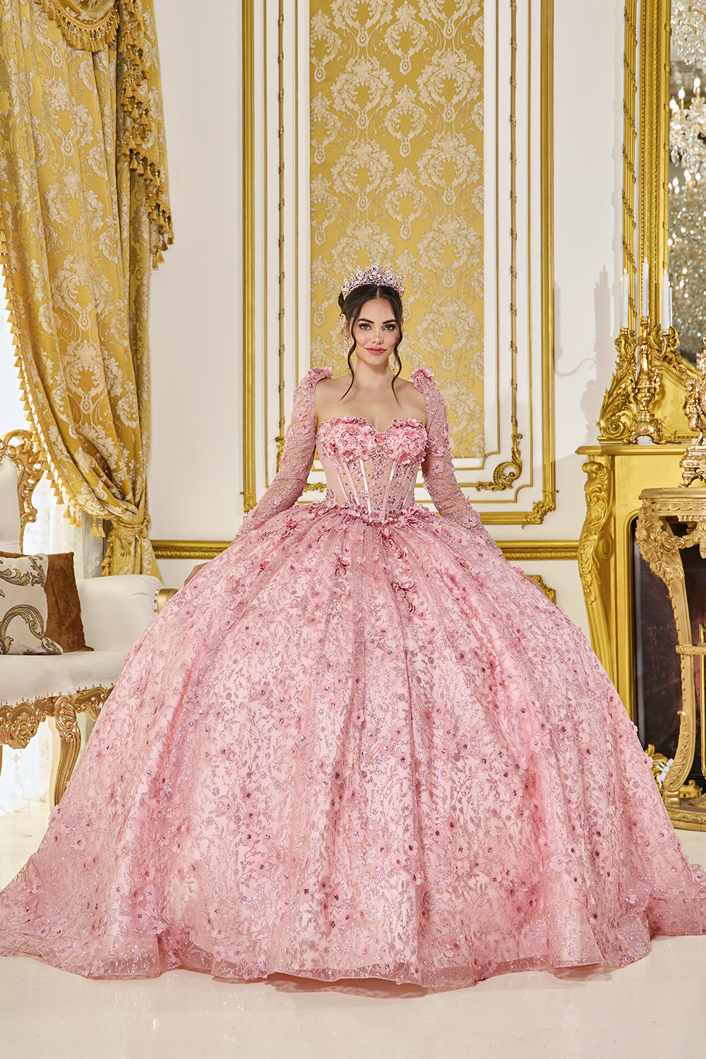 Dancing Queen 5077 - Glitter Tulle Floral Embroidered Ballgown In Pink