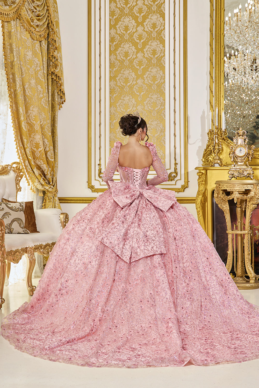 Dancing Queen 5077 - Glitter Tulle Floral Embroidered Ballgown In Pink