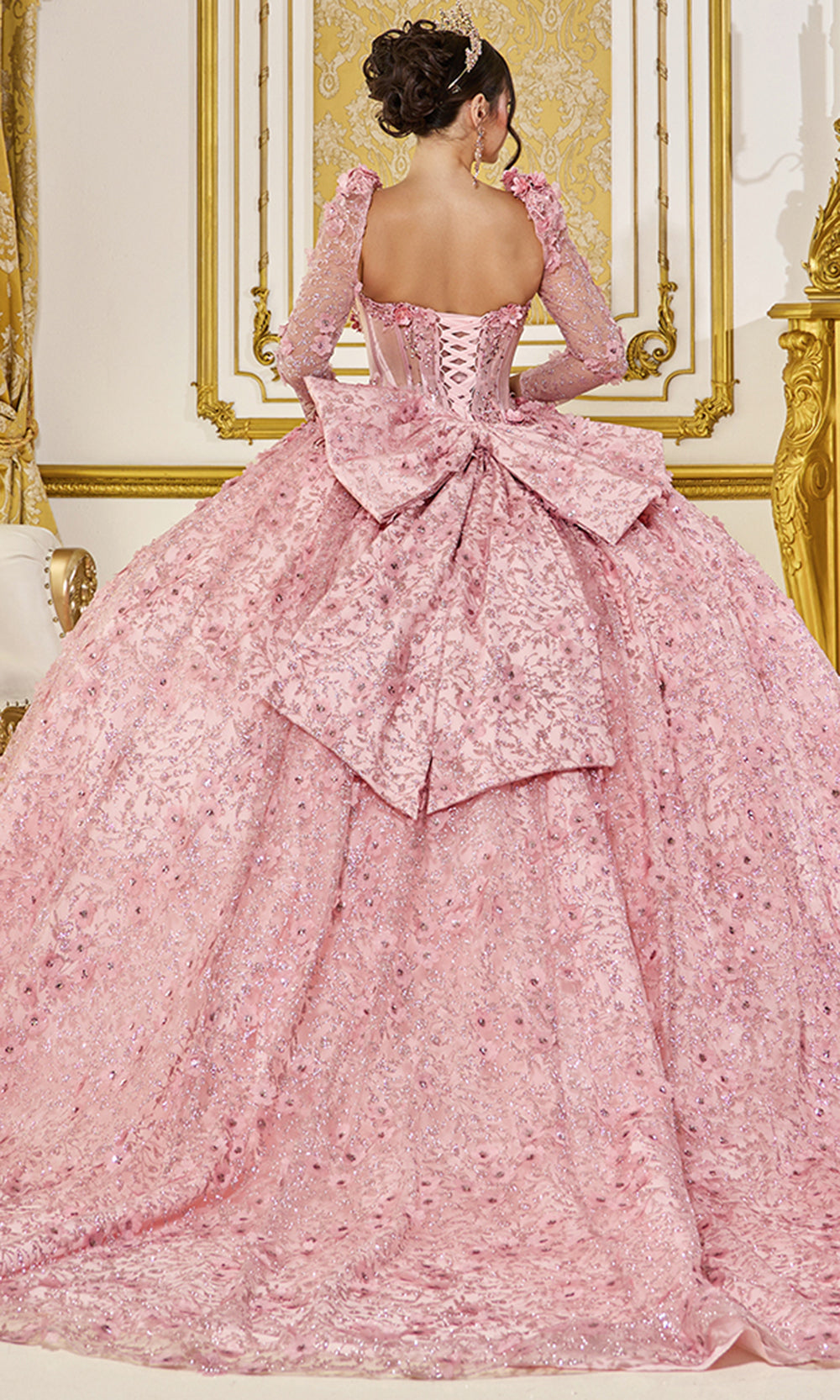 Dancing Queen 5077 - Sheer Long Sleeve Floral Ballgown Quinceanera Dresses