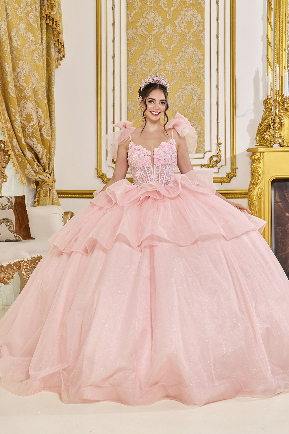 Dancing Queen 5079 - Ruffled Bow Layered Tulle Ballgown In Pink
