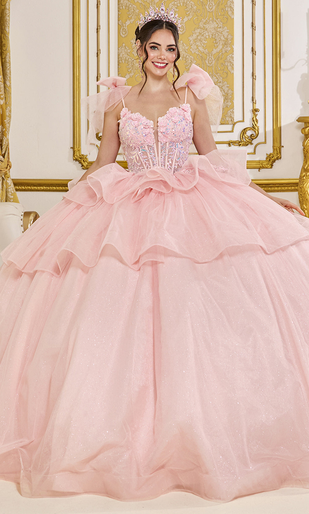 Dancing Queen 5079 - Tiered Ruffled Bow Layered Tulle Ballgown Quinceanera Dresses