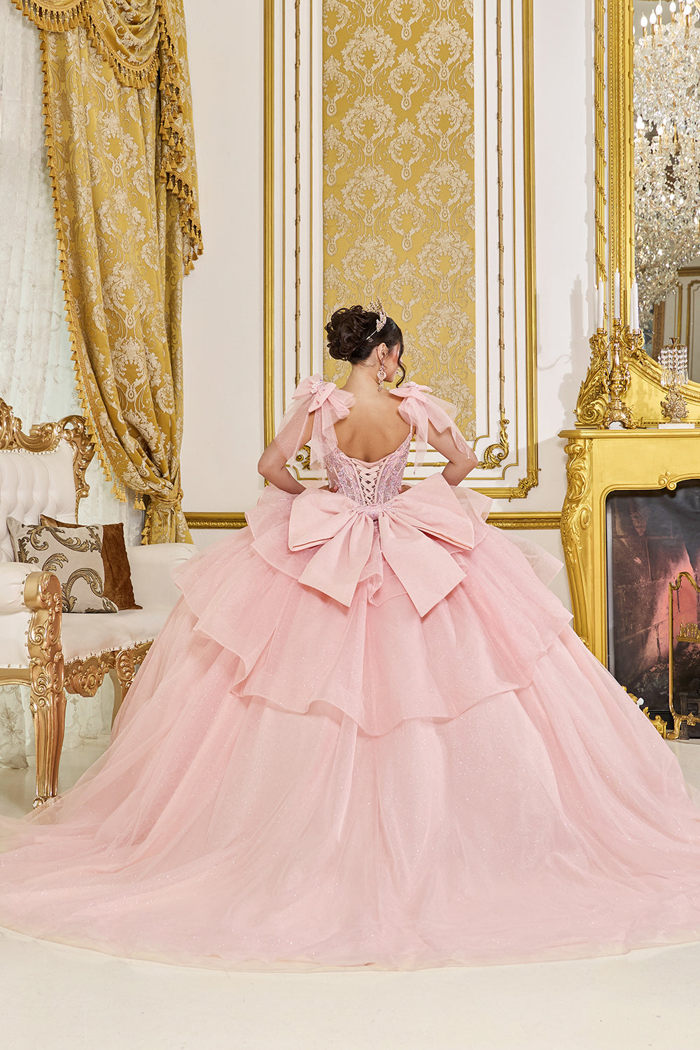 Dancing Queen 5079 - Ruffled Bow Layered Tulle Ballgown In Pink