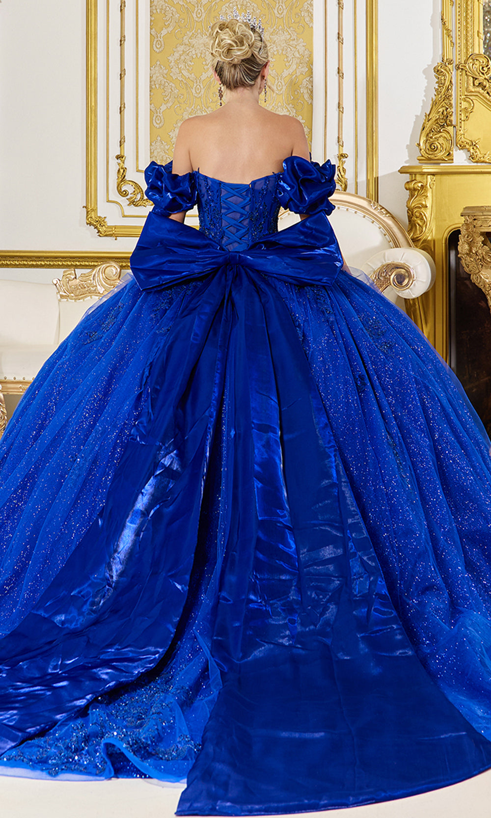 Dancing Queen 5080 - Back Bow Off Shoulder Embroidered Gown Quinceanera Dresses in Royal Blue