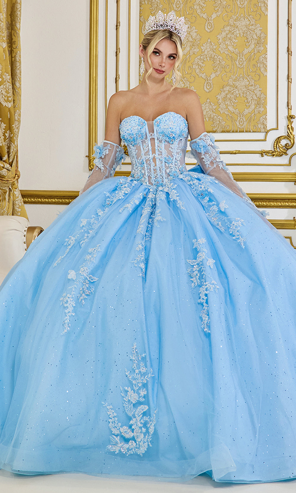 Dancing Queen 5081 - Strapless Floral Appliques Glitter Tulle Ballgown Quinceanera Dresses