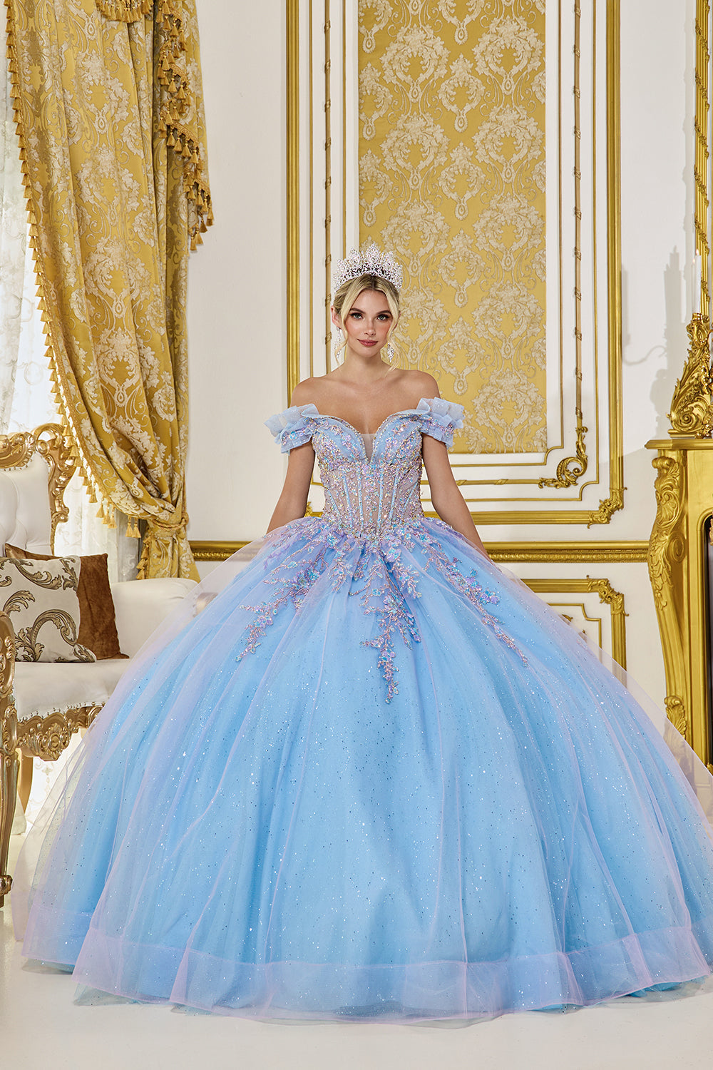 Dancing Queen 5084 - Ruffle Off?Shoulder Glitter Tulle Ballgown In Blue