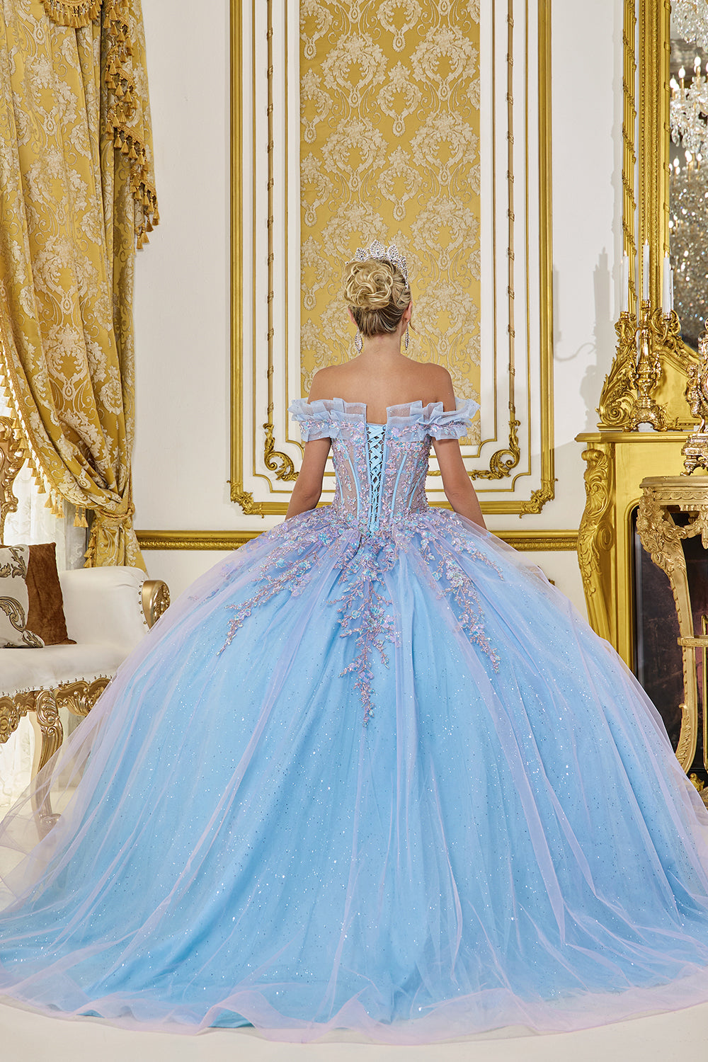 Dancing Queen 5084 - Ruffle Off?Shoulder Glitter Tulle Ballgown In Blue