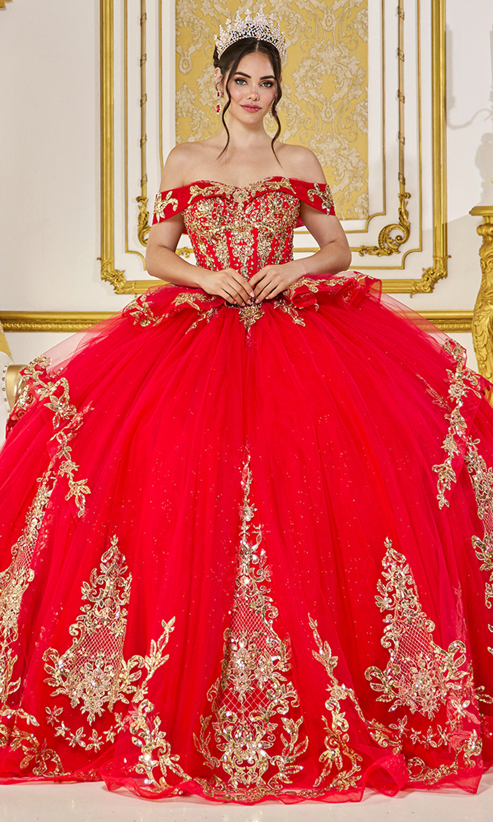 Dancing Queen 5086 - Embroidered Applique Back Bow Quinceanera Gown Quinceanera Dresses in Red 