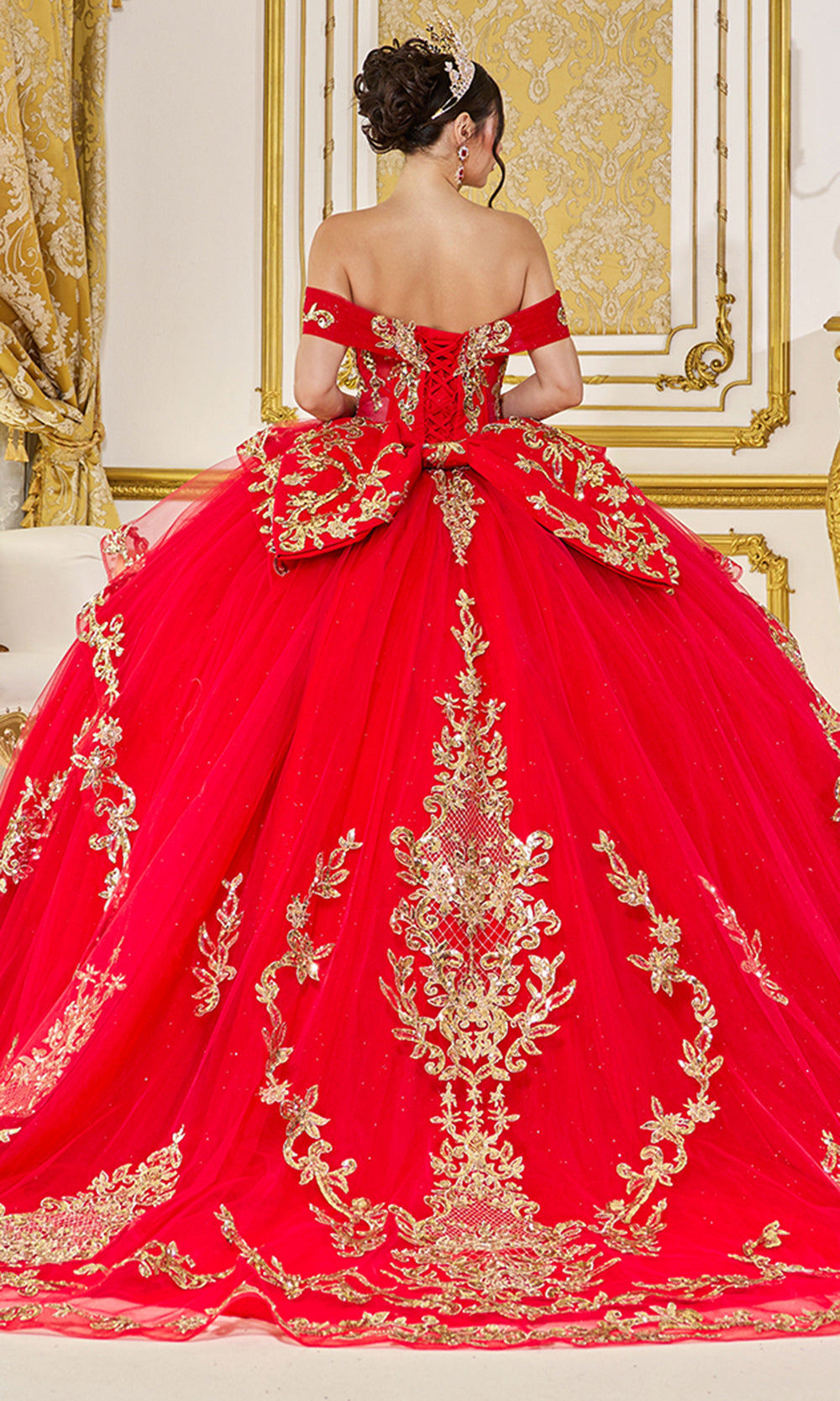 Dancing Queen 5086 - Embroidered Applique Back Bow Quinceanera Gown Quinceanera Dresses in Red 