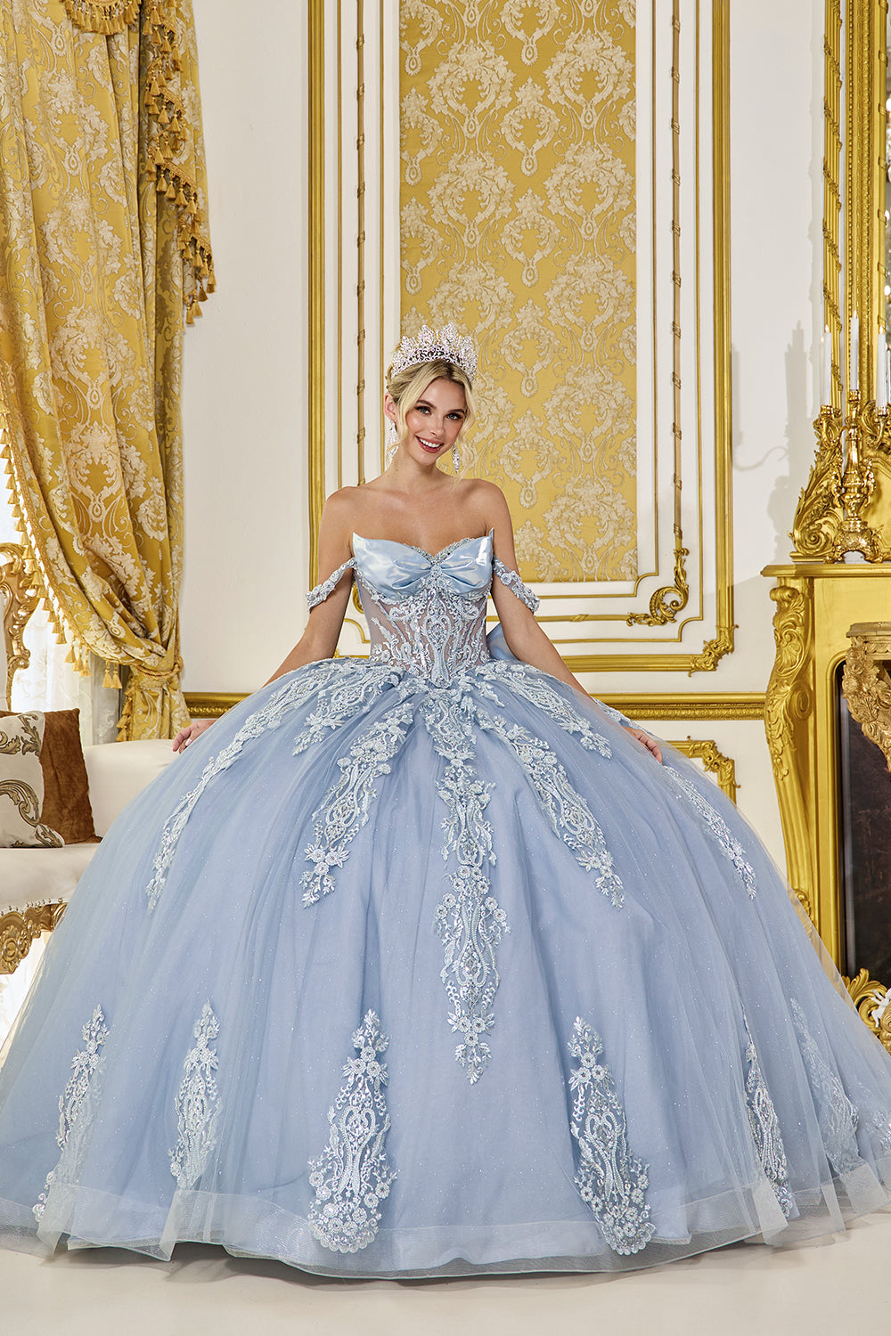 Dancing Queen 5087 - Off?Shoulder Embroidered Tulle Ballgown In Blue