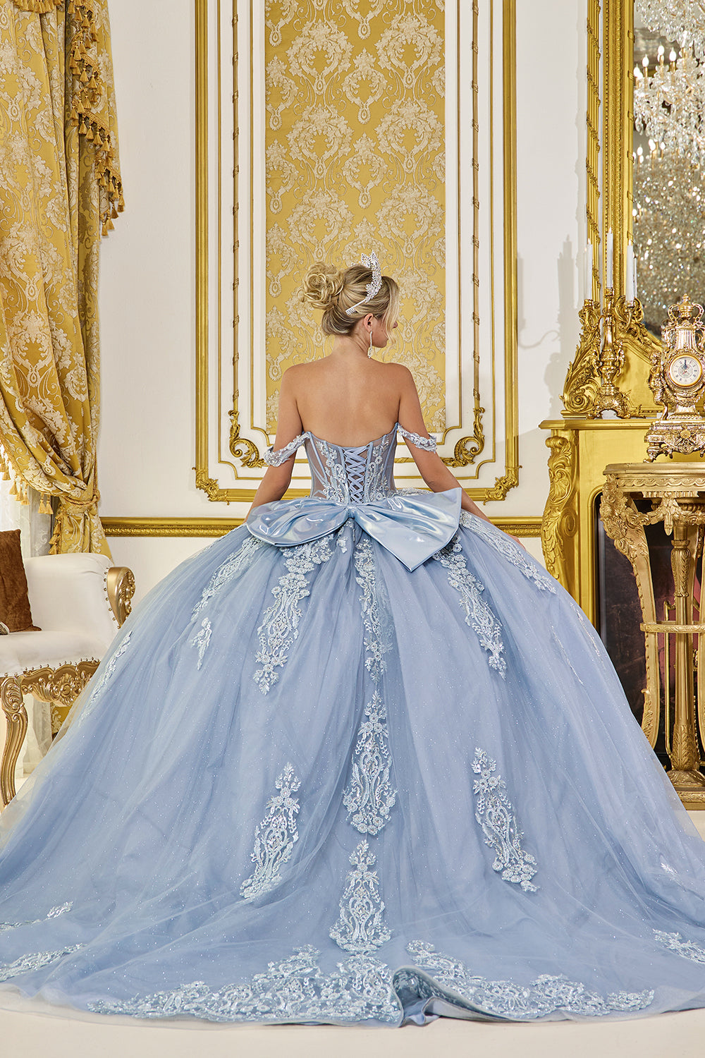 Dancing Queen 5087 - Off?Shoulder Embroidered Tulle Ballgown In Blue