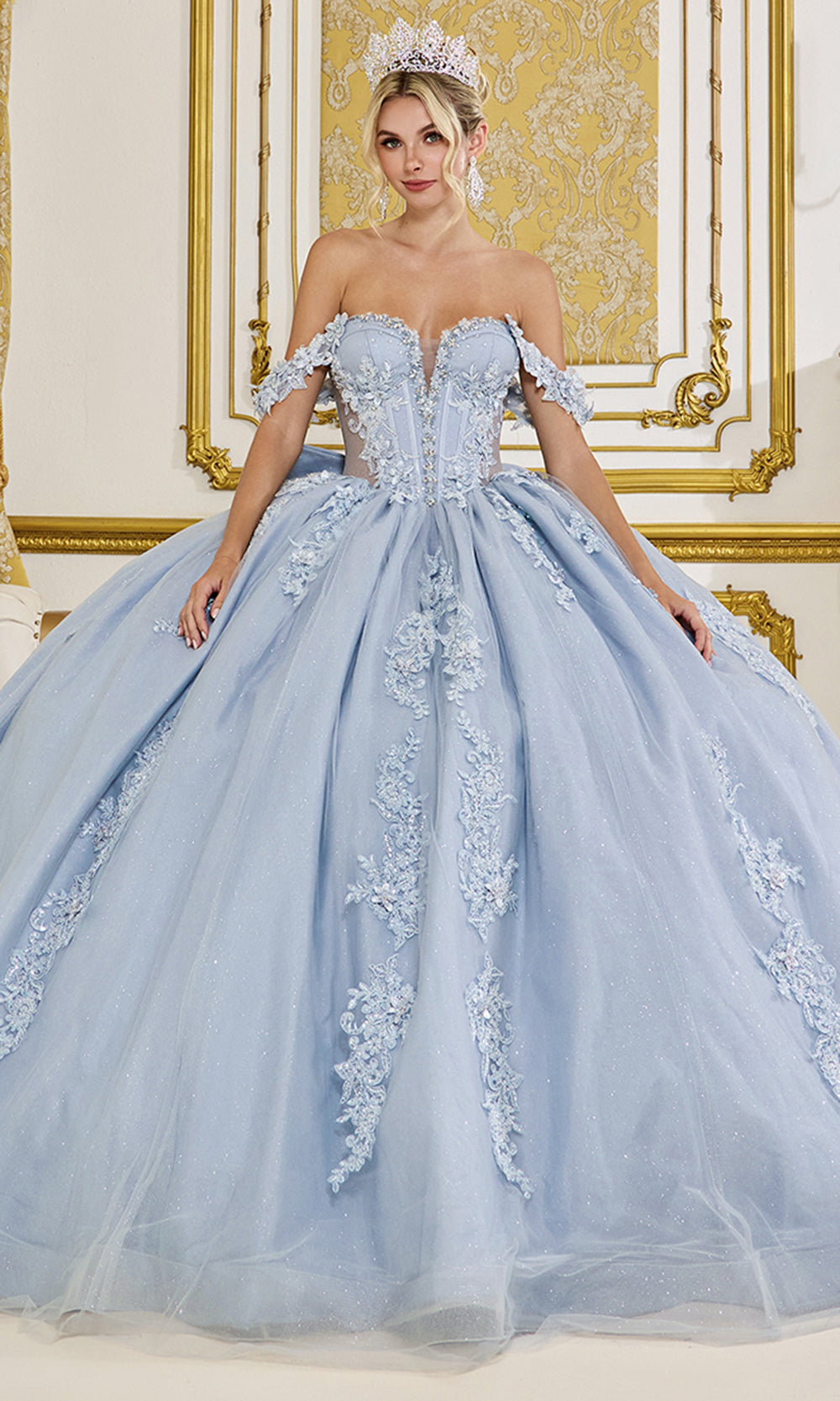 Dancing Queen 5088 - Sweetheart Floral Applique Quince Gown Quinceanera Dresses in Dusty Blue
