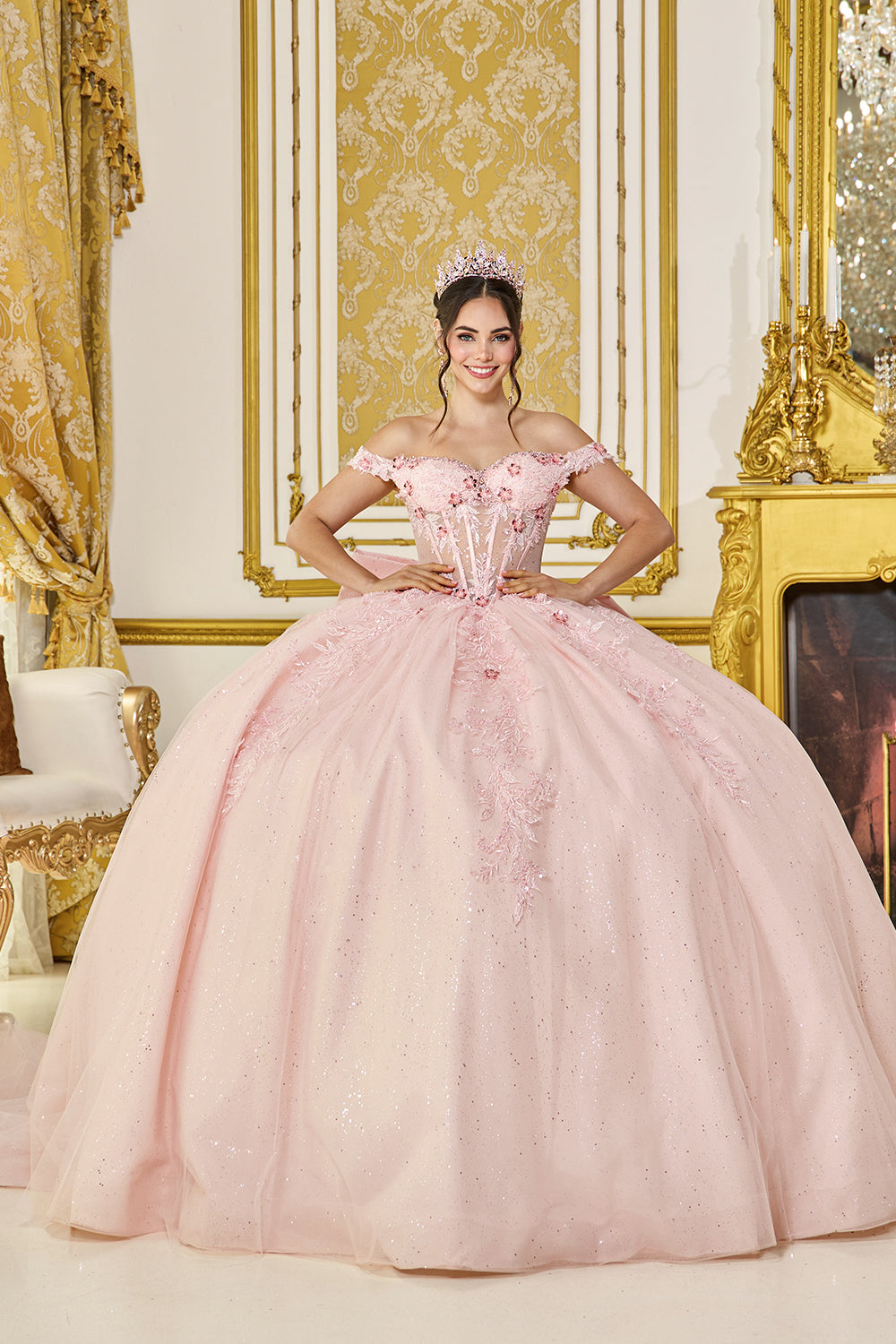 Dancing Queen 5090 - Glitter Tulle Floral Quinceañera Ballgown In Pink