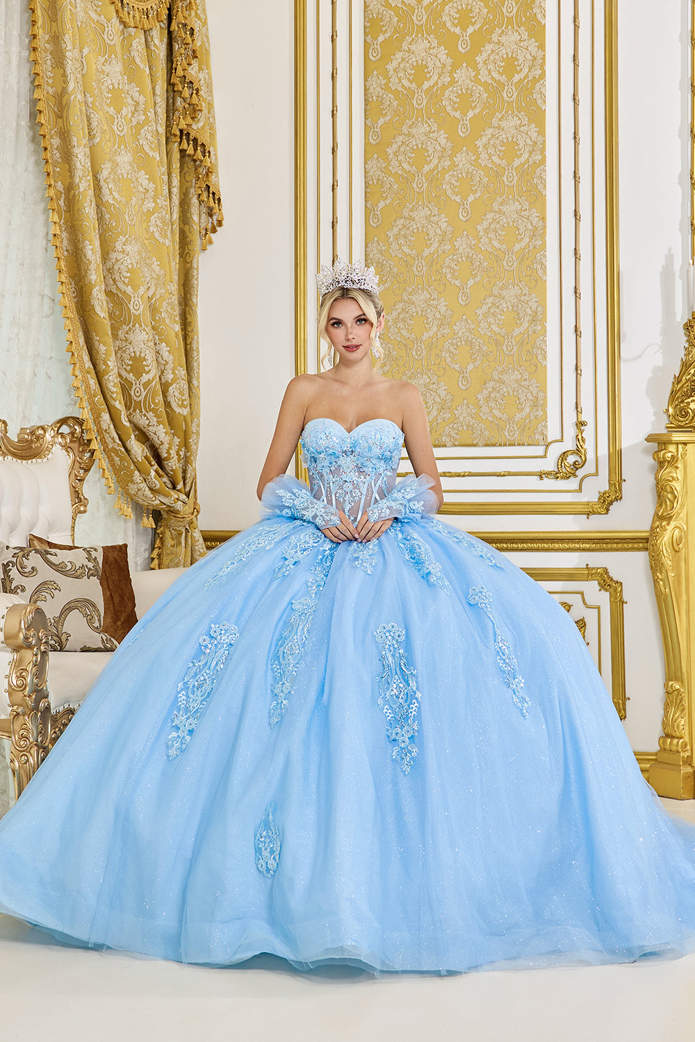 Dancing Queen 5091 - Strapless Sweetheart Embroidered Ballgown In Blue