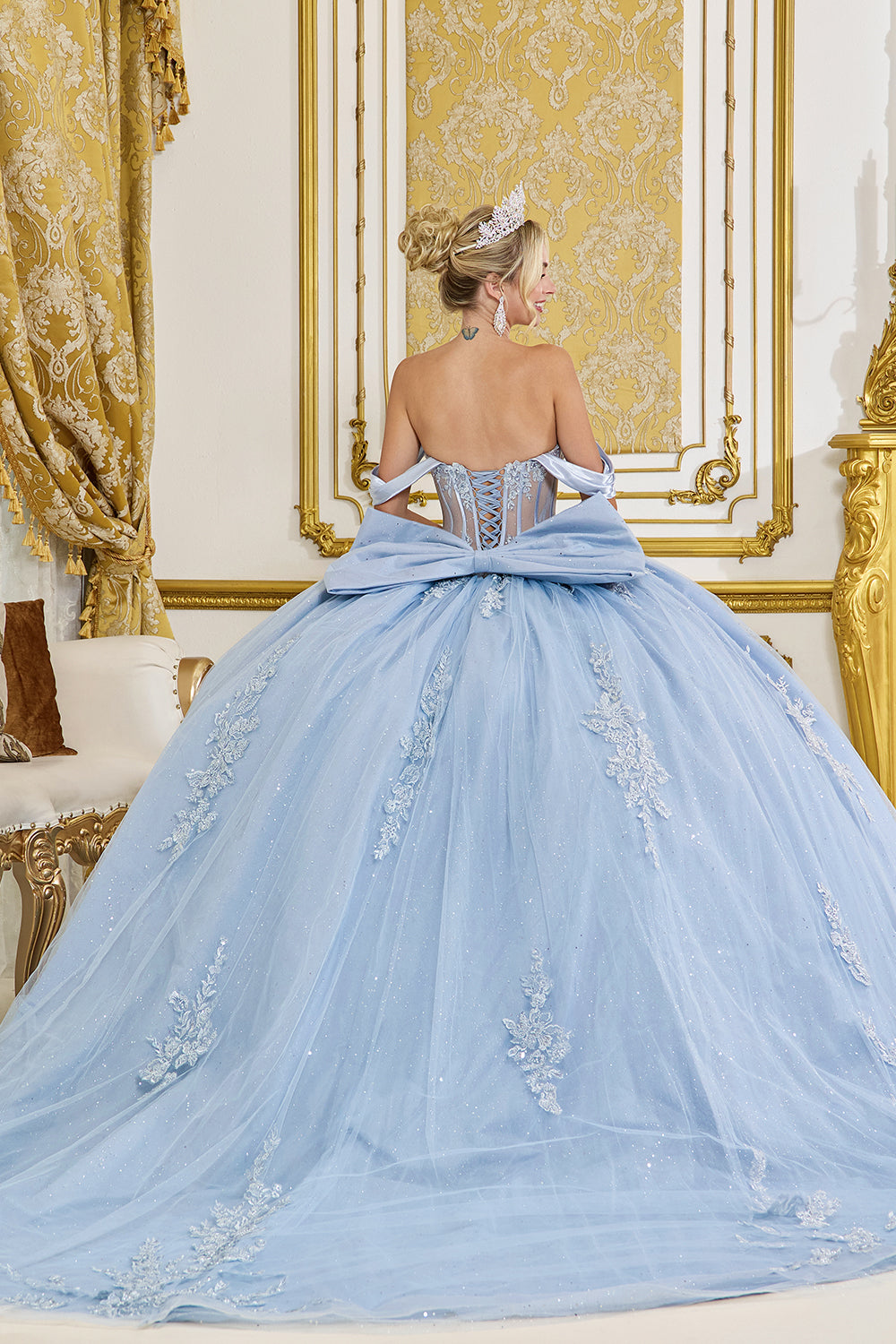 Dancing Queen 5094 - Glitter Tulle Floral Appliques Ballgown In Blue