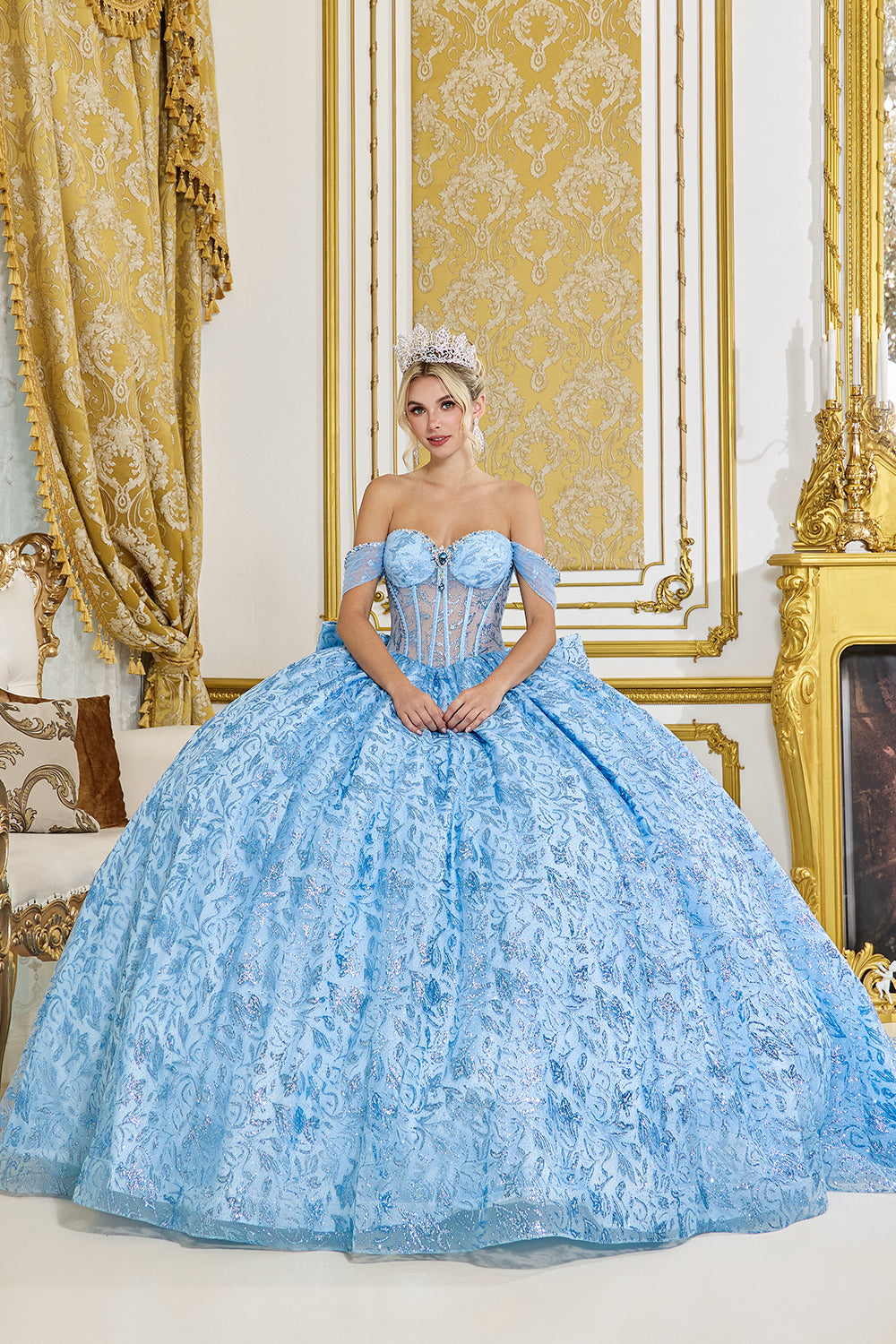 Dancing Queen 5095 - 3D Floral Lace Off-Shoulder Ballgown In Blue