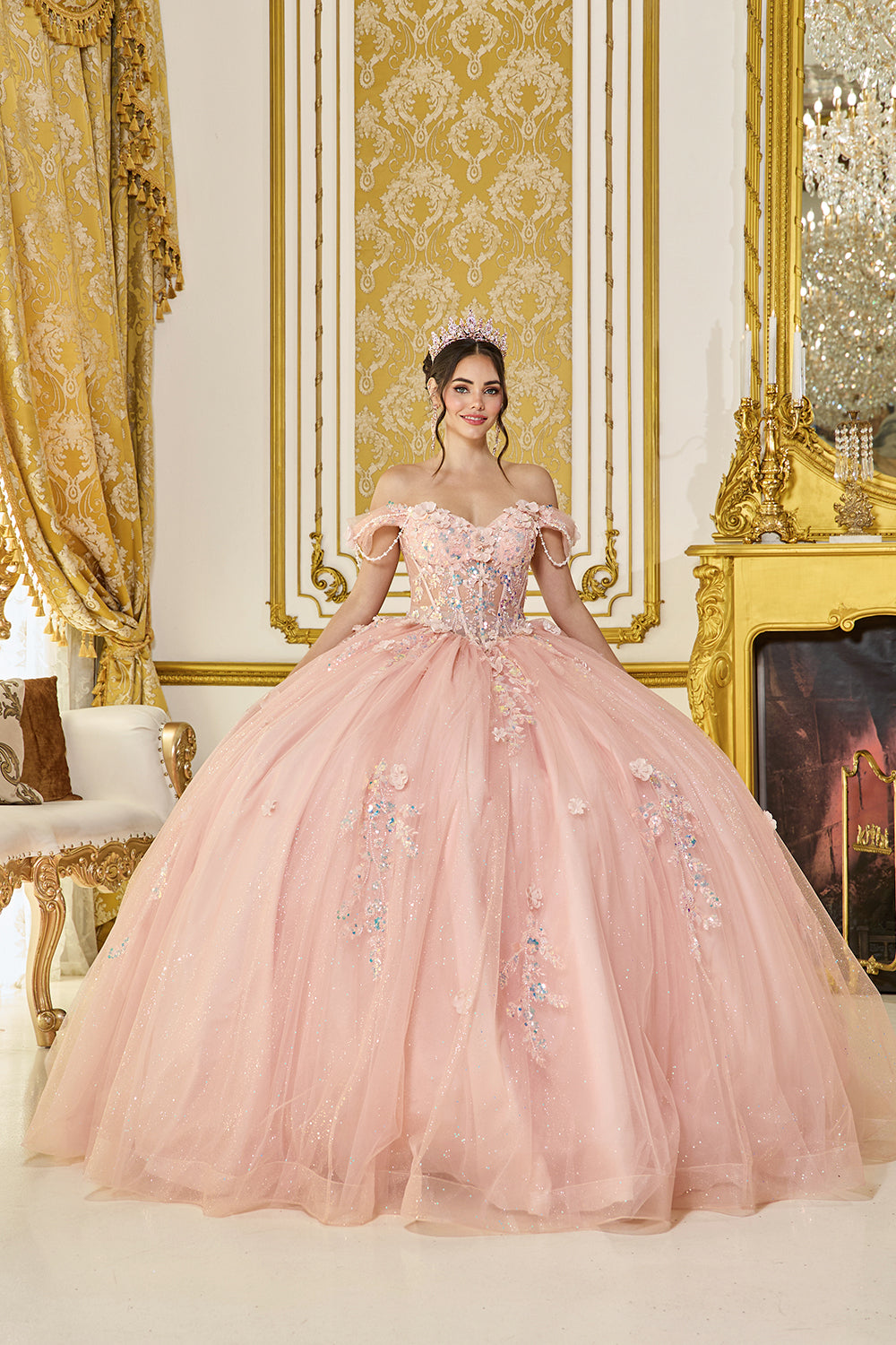 Dancing Queen 5096 - Sparkling Tulle Floral Applique Ballgown In Pink