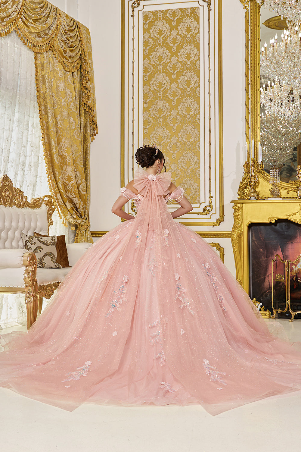 Dancing Queen 5096 - Sparkling Tulle Floral Applique Ballgown In Pink