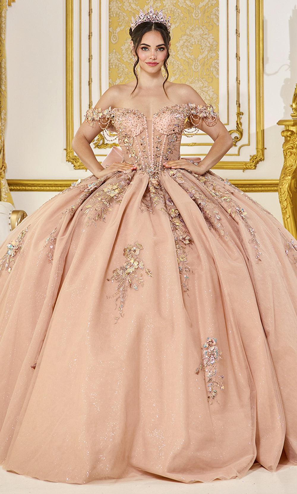 Dancing Queen 5097 - Embroidered Floral Oversized Bow Ballgown Ball Gowns in Gold 