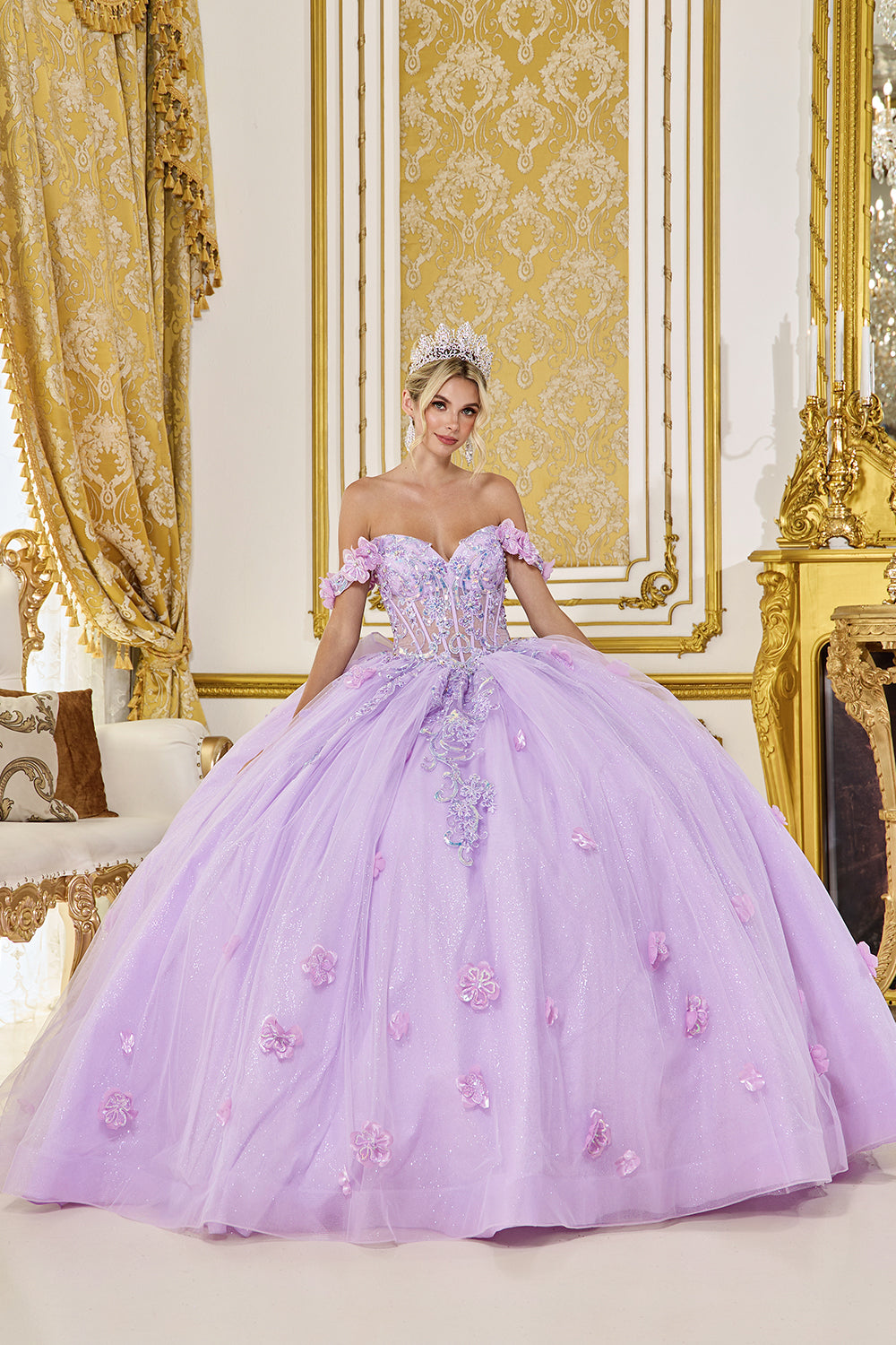 Dancing Queen 5098 - 3D Floral Glitter Tulle Ballgown In Purple