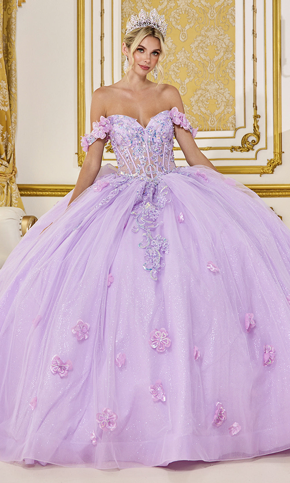 Dancing Queen 5098 - Off Shoulder 3D Floral Glitter Tulle Ballgown Quinceanera Dresses