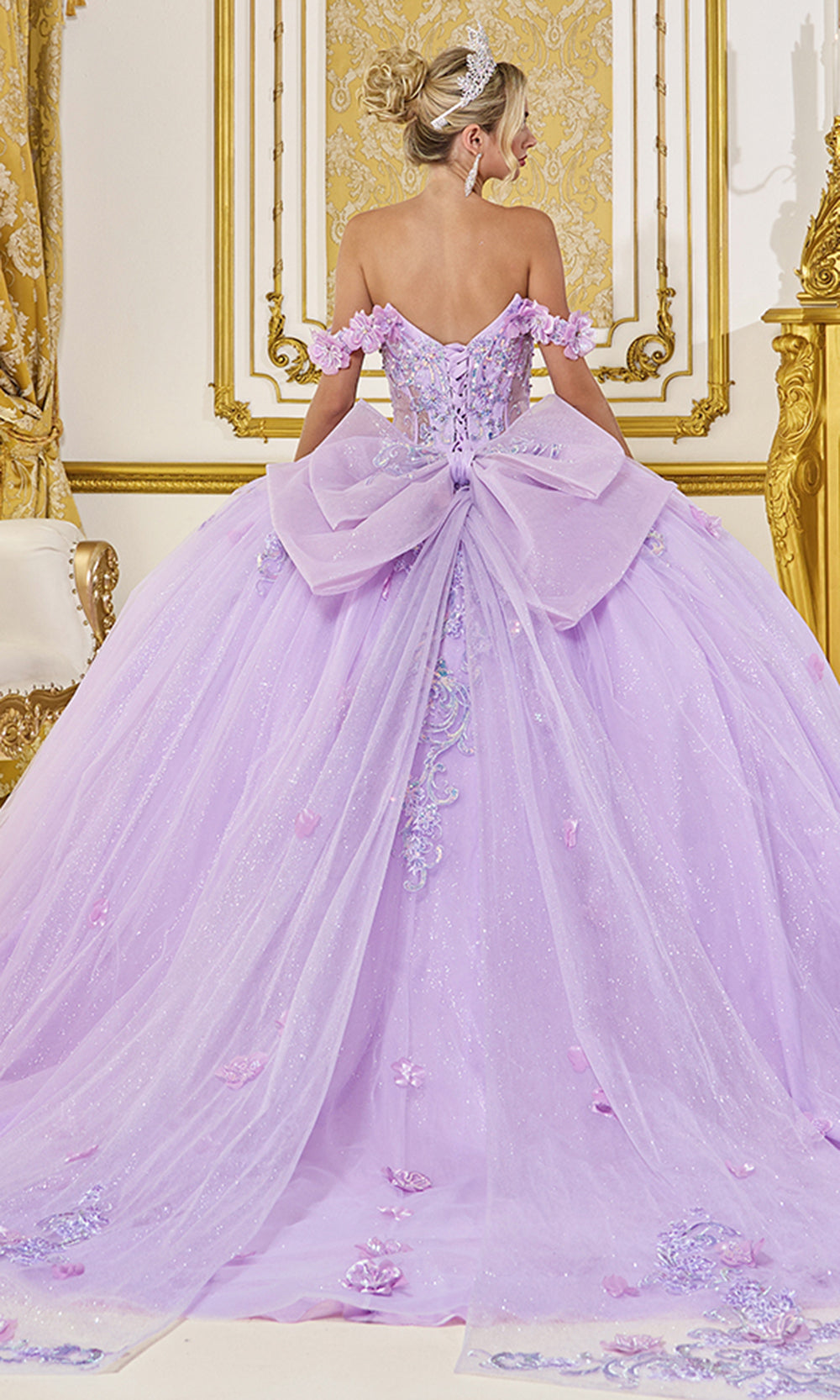 Dancing Queen 5098 - Off Shoulder 3D Floral Glitter Tulle Ballgown Quinceanera Dresses