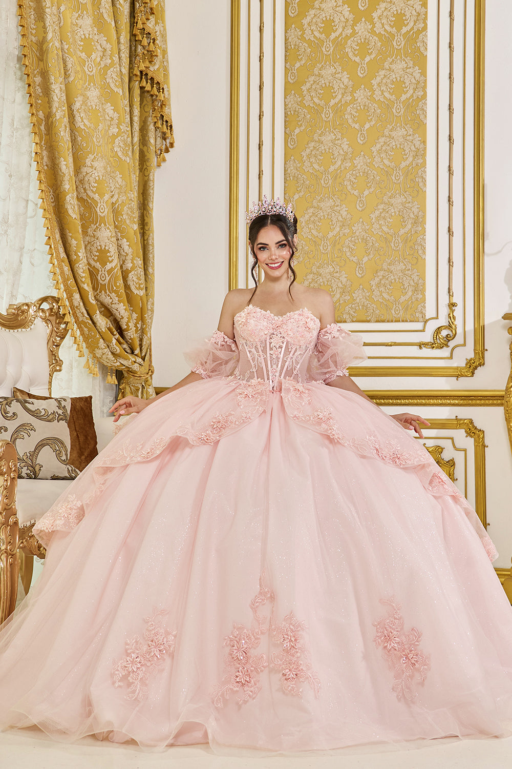 Dancing Queen 5099 - Floral Appliqued Corset Peplum Ballgown In Pink
