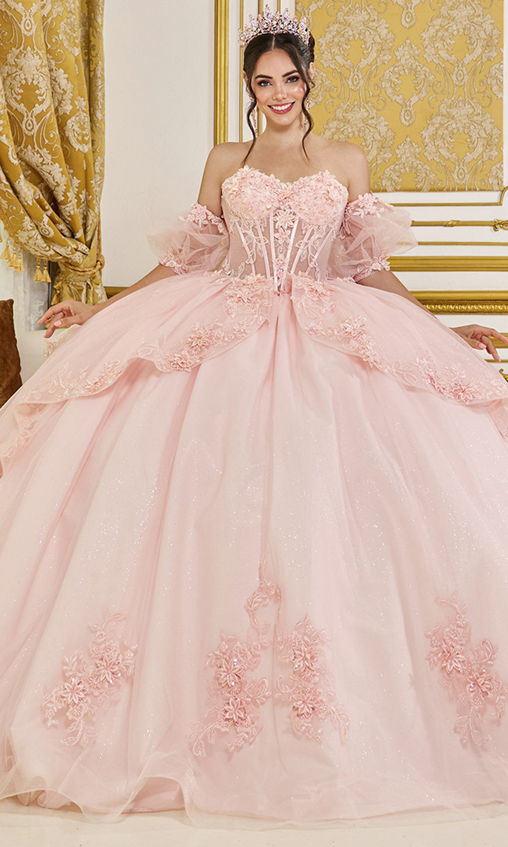 Dancing Queen 5099 - Floral Appliqued Corset Glitter Ballgown Quinceanera Dresses
