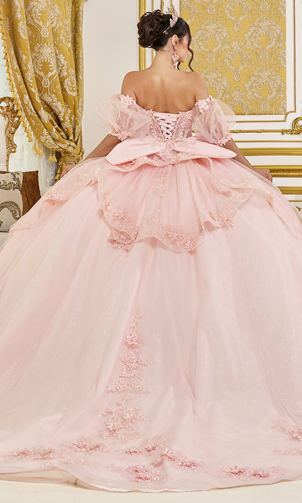 Dancing Queen 5099 - Floral Appliqued Corset Glitter Ballgown Quinceanera Dresses