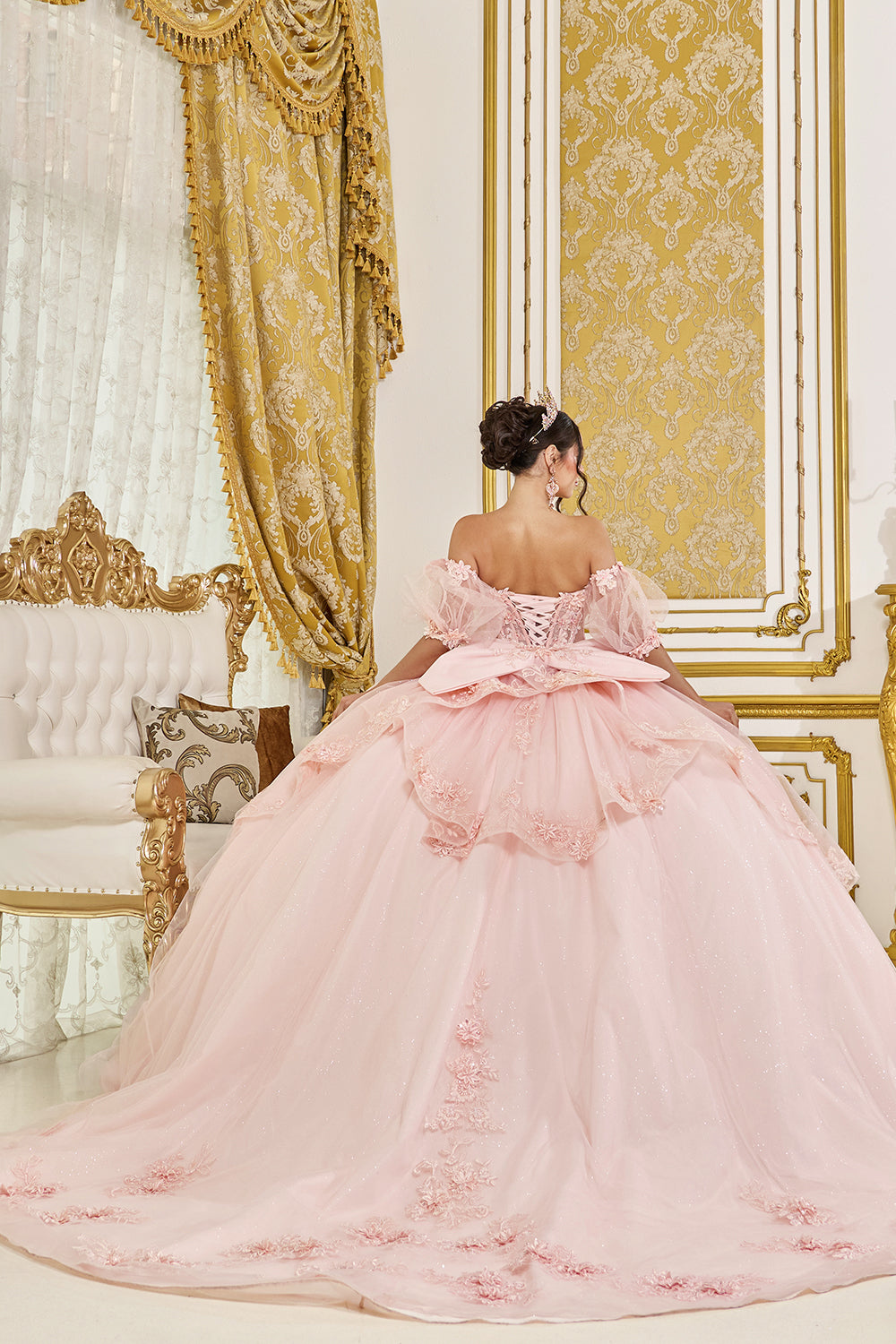 Dancing Queen 5099 - Floral Appliqued Corset Peplum Ballgown In Pink