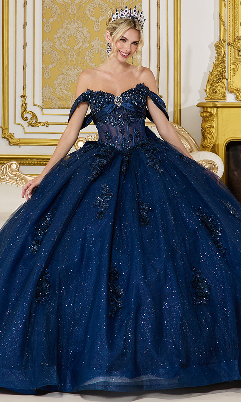 Dancing Queen 5101 - Draped Off Shoulder Ballgown with Beaded Appliques Ball Gowns in Navy 