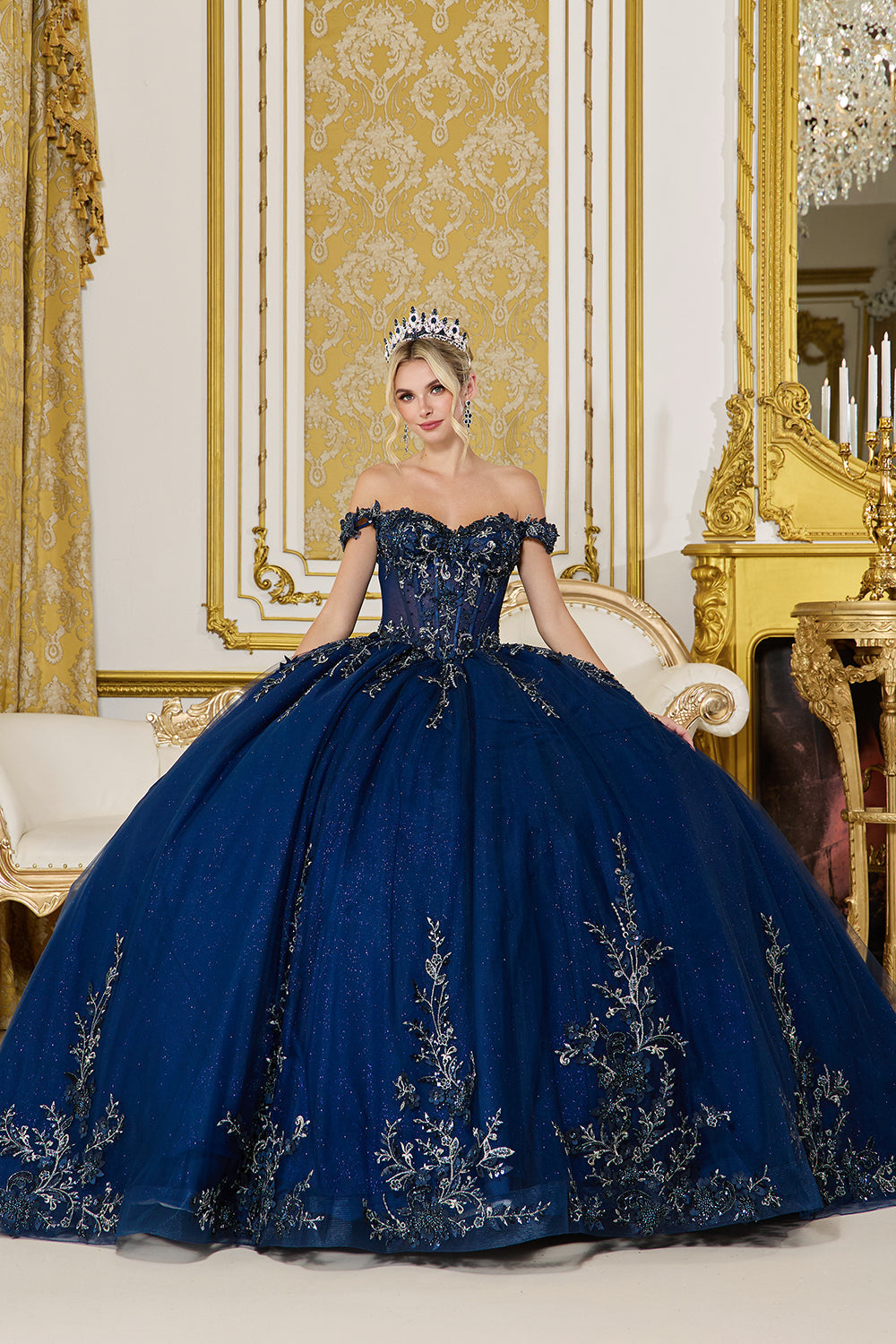 Dancing Queen 5102 - Off-the-Shoulder Glitter Tulle Quinceanera Dress In Blue