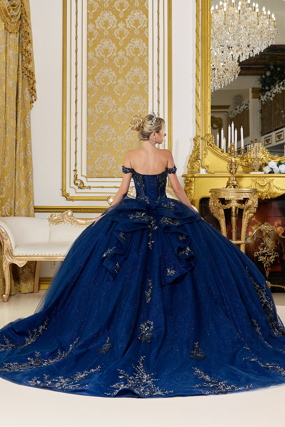 Dancing Queen 5102 - Off-the-Shoulder Glitter Tulle Quinceanera Dress In Blue