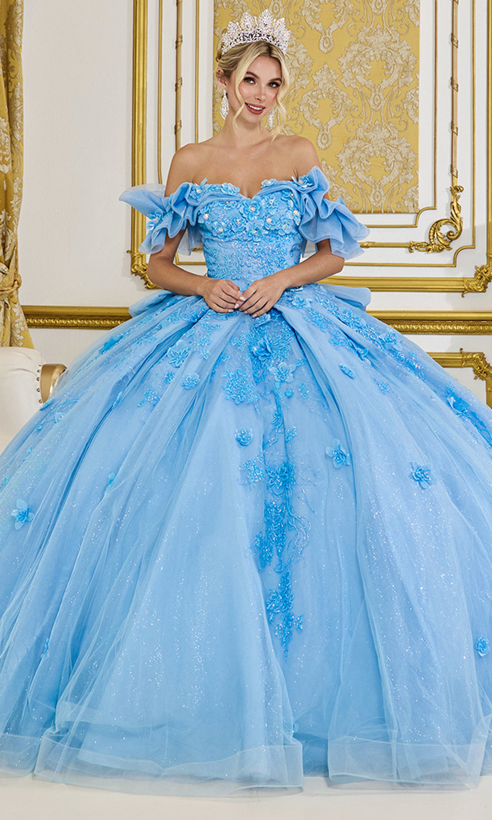 Dancing Queen 5103 - Off Shoulder Floral Accent Ballgown with Bow Quinceanera Dresses in Bahama Blue