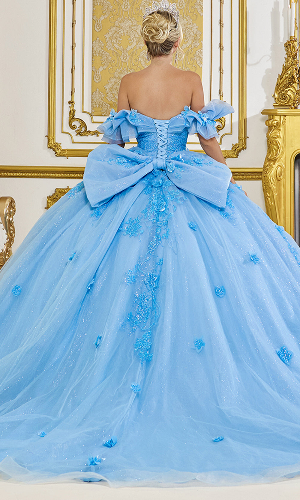 Dancing Queen 5103 - Off Shoulder Floral Accent Ballgown with Bow Quinceanera Dresses in Bahama Blue