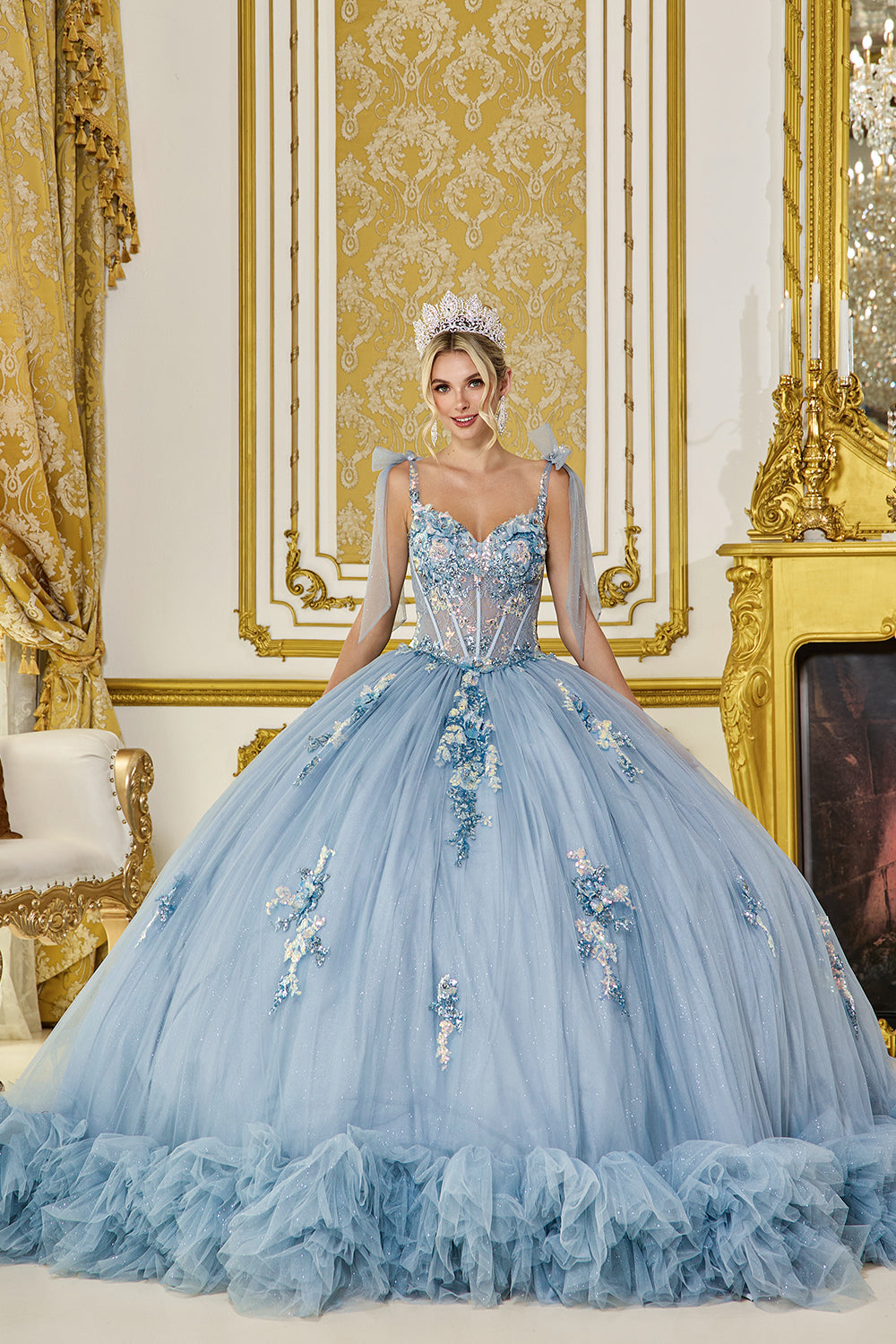 Dancing Queen 5104 - Ruffled Hem Glitter Tulle Ballgown In Blue