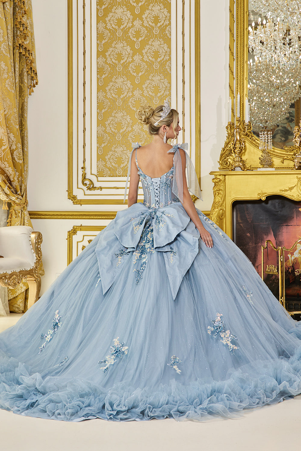 Dancing Queen 5104 - Ruffled Hem Glitter Tulle Ballgown In Blue