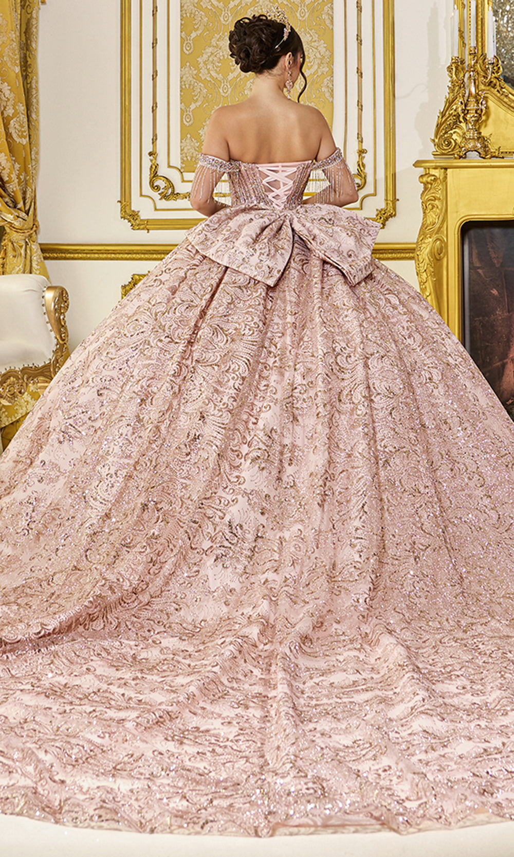 Dancing Queen 5107 - Off Shoulder Embellished Princess Gown Quinceanera Dresses in Gold 