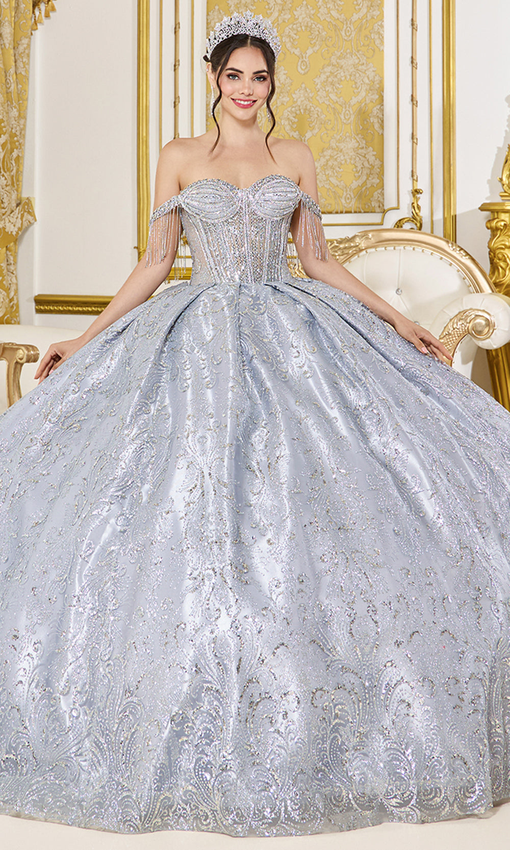 Dancing Queen 5107 - Off Shoulder Embellished Princess Gown Quinceanera Dresses in Silver 