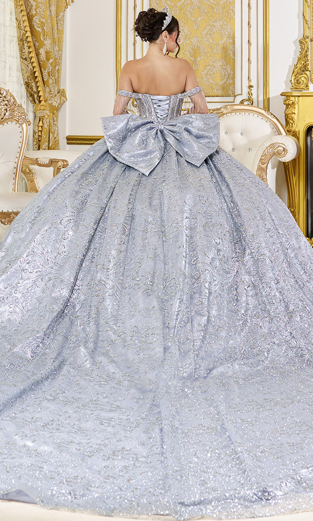 Dancing Queen 5107 - Off Shoulder Embellished Princess Gown Quinceanera Dresses in Silver 