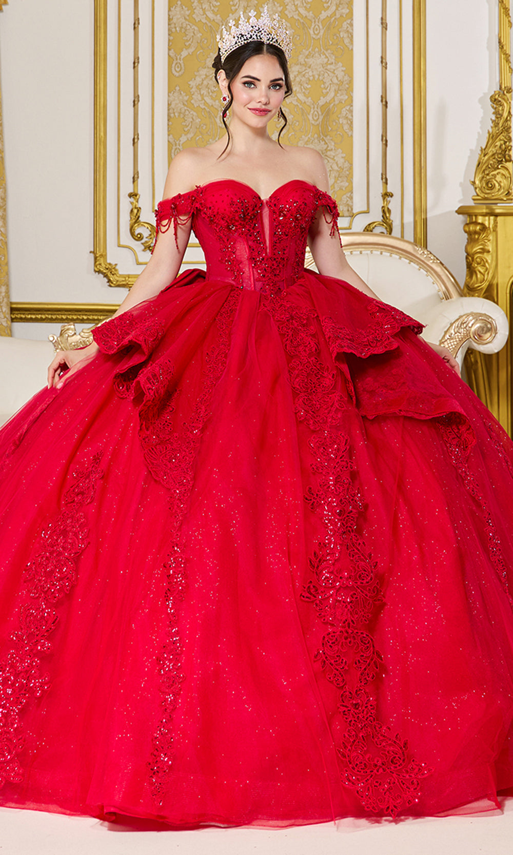 Dancing Queen 5108 - Off Shoulder Layered Ballgown with Embroidery Quinceanera Dresses in Red 
