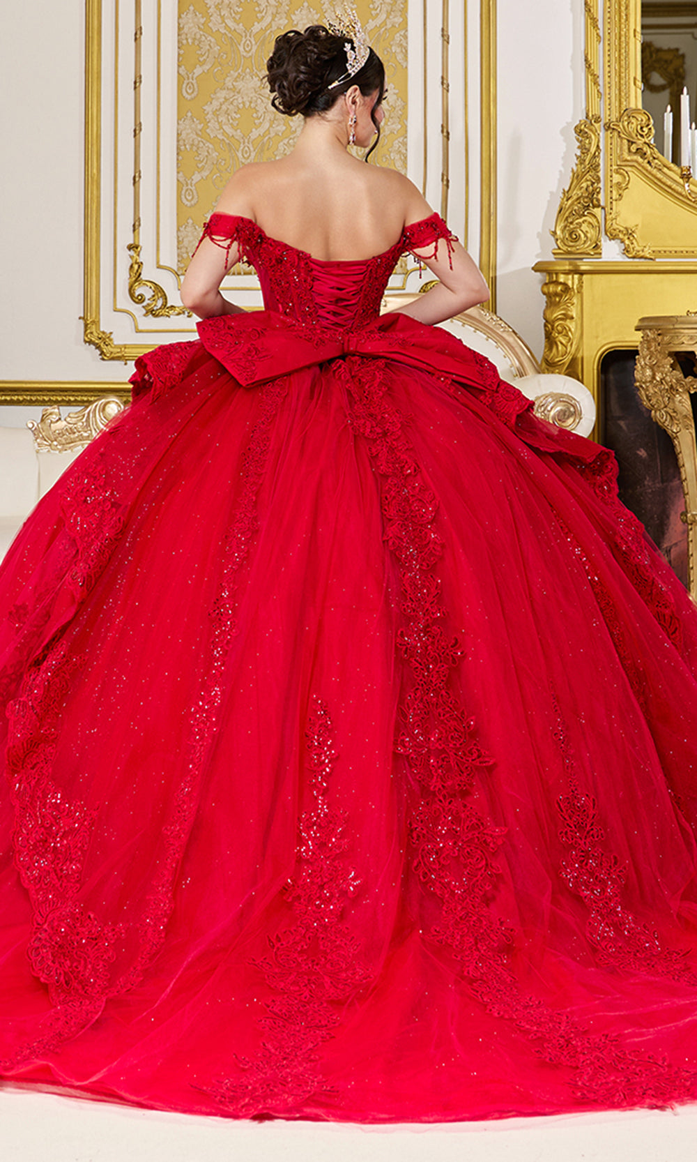 Dancing Queen 5108 - Off Shoulder Layered Ballgown with Embroidery Quinceanera Dresses in Red 
